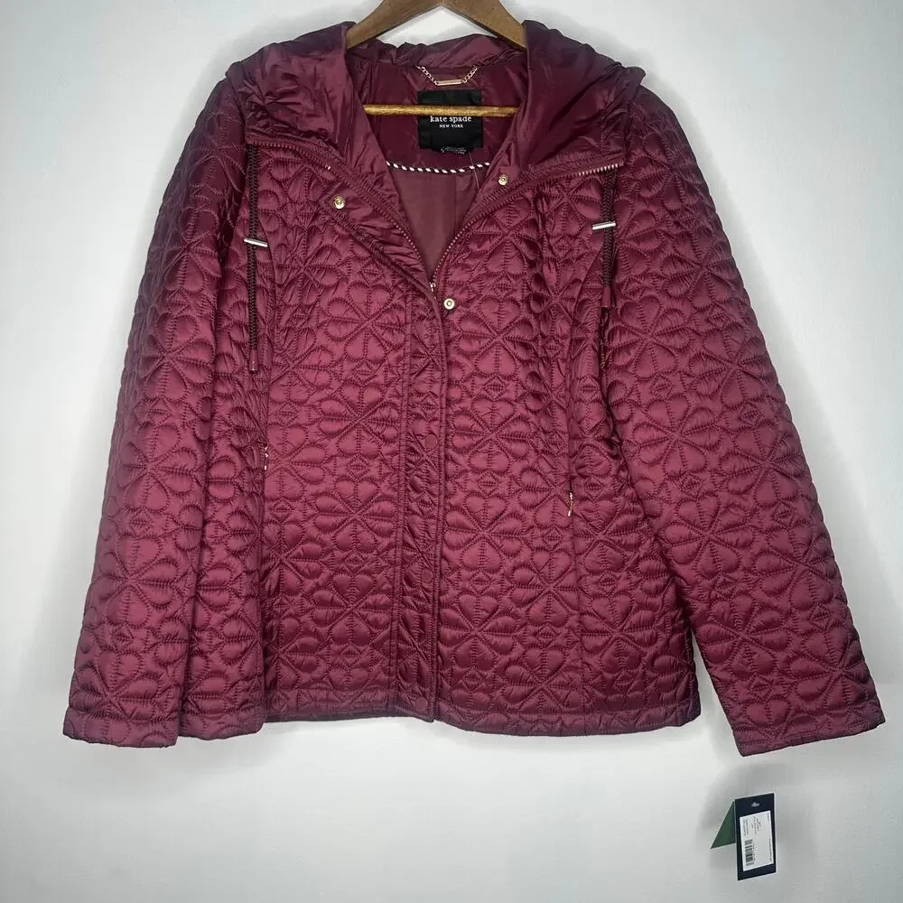 Kate Spade New York Blackberry Spade Flower Quilted Hooded Jacket Large NWT